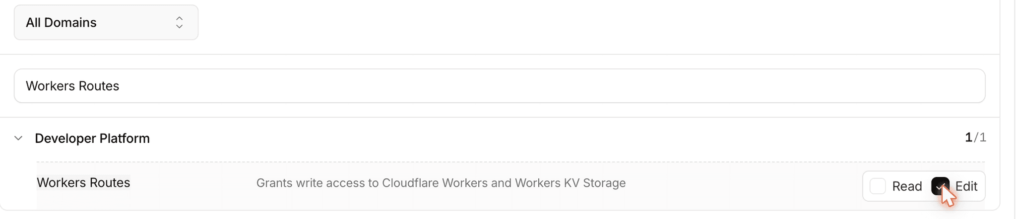All Domains policy with Workers Routes set to Edit