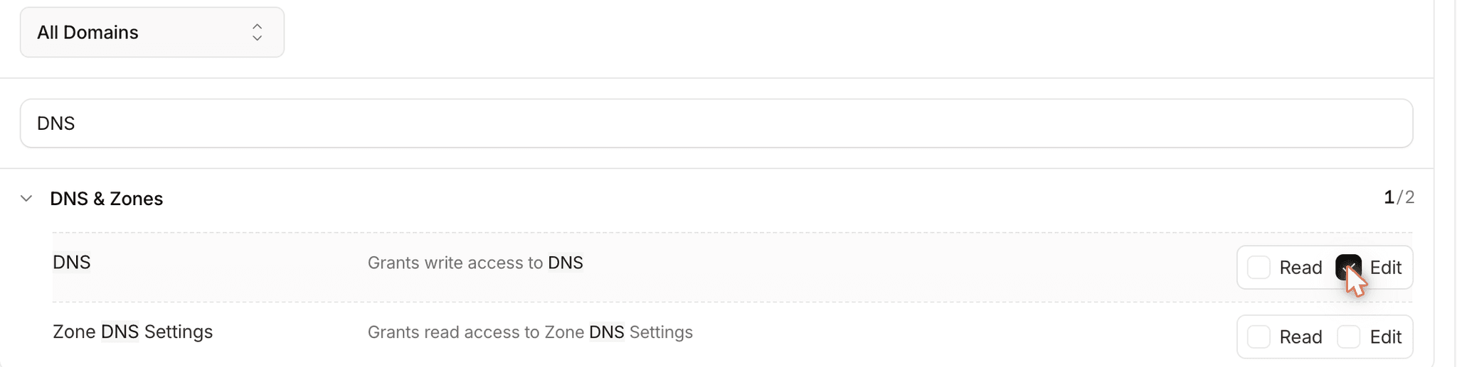 All Domains policy with DNS set to Edit